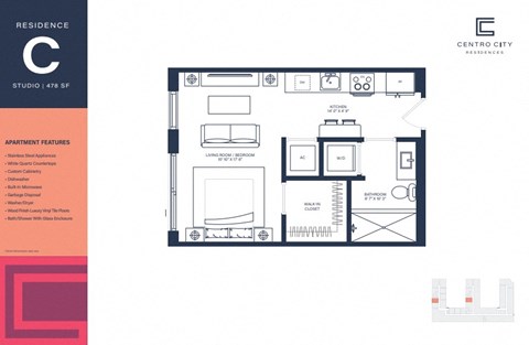 A floor plan for a residence at Centro City showing the layout of the studio apartment.